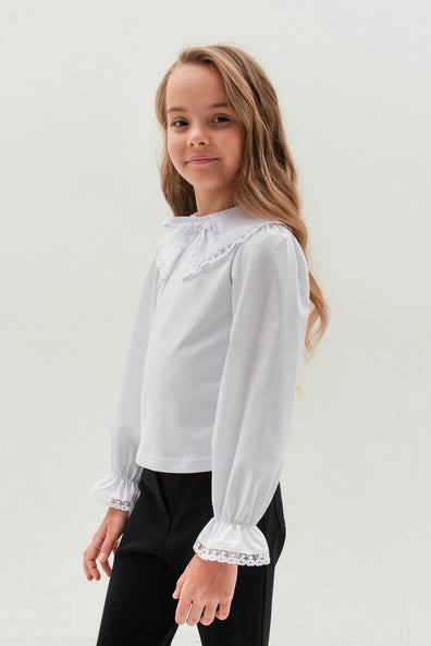 CINDY - Bluza eleganta din bumbac cu dantela aplicata la guler si mansete, alb